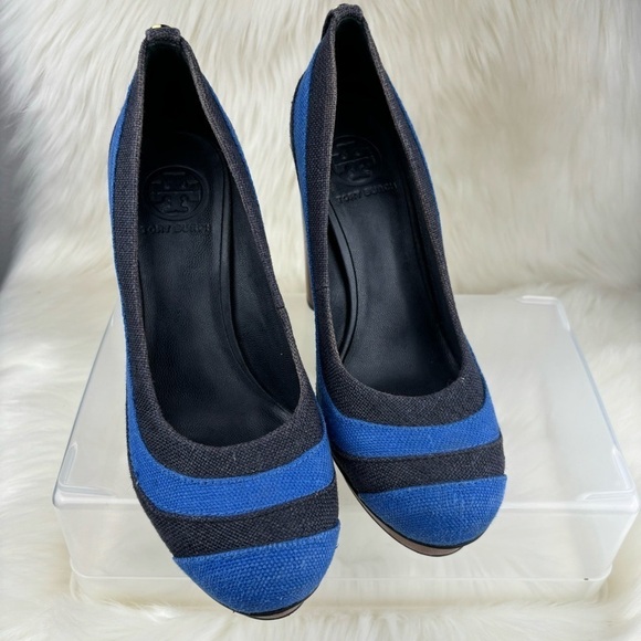 TORY BURCH JOELLE BLUE STRIPE WOOD PLATFORMS PUMPS - Picture 7 of 14